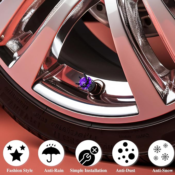 4PCS Crown Bling Tire Stem Valve Caps, Crystal Diamond Car Wheel Tire Valve Caps Universal Copper Core Stem Covers for Cars, SUV, Trucks, Bikes, Motorcycles, Bicycles (Black & Purple)