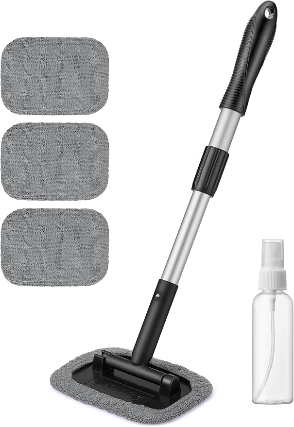 Windshield Cleaner, Microfiber Window Cleaner with 4 Reusable Washable Large Sponge Pads, Extendable 180° Rotating Handle, Fits Cars & SUVs, Includes Spray Bottle, Gray