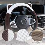 Steering Wheel Cover with Ears Keychain Fit 14-15 inch White Brown | Cute Car Steering Wheel Covers for Women Girls Elastic Breathable Steering Wheel Protector Accessories Universal Size
