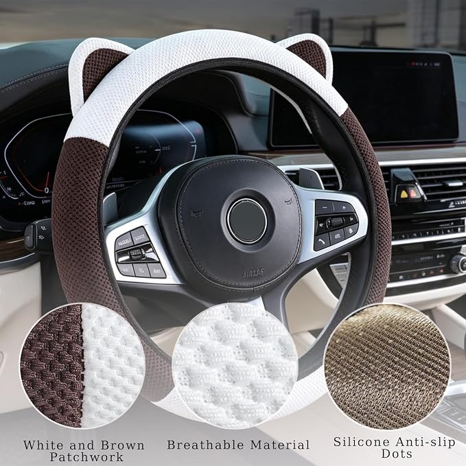 Steering Wheel Cover with Ears Keychain Fit 14-15 inch White Brown | Cute Car Steering Wheel Covers for Women Girls Elastic Breathable Steering Wheel Protector Accessories Universal Size
