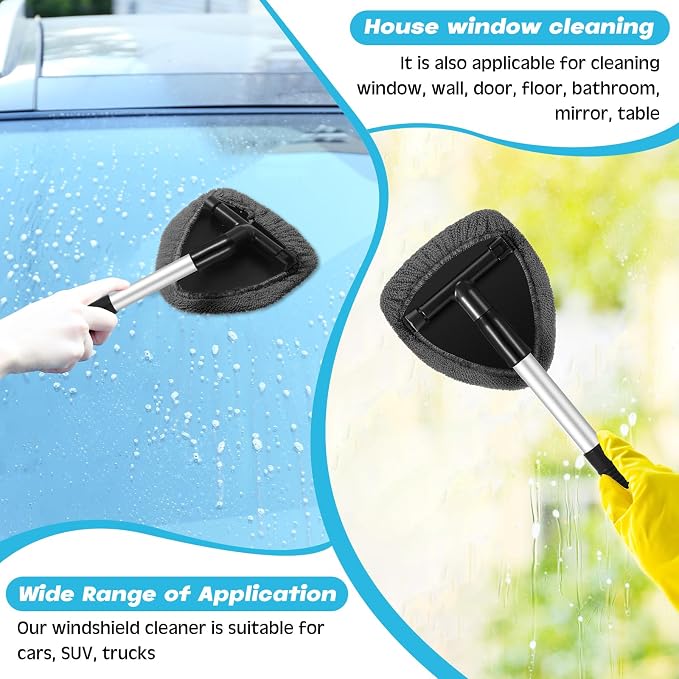 10 Pcs Windshield Cleaner Tool Car Window Cleaning Supplies with Extendable Handle Include 6 Washable Microfiber Bonnets 2 Empty 60ml Spray Bottle Glass Wiper Kit (Gray)