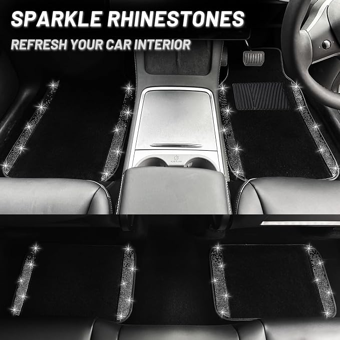 12 Pcs Bling Car Accessories Set for Women Car Floor Mats Full Set Steering Wheel Cover Seat Belt Covers Coasters Universal Fit Car SUV Truck Van Black
