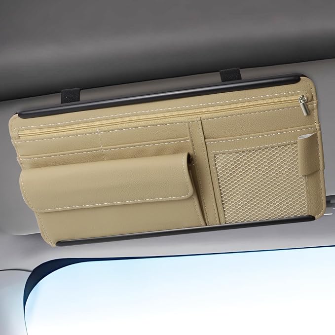 Car Visor Organizer, Leather Multi-Pocket Auto Sun Visor Storage Pouch with Sunglasses Holder, Card Holder, Zipper Pocket, Net Pocket, Pen Slot, Universal Interior Car Accessories (Beige)