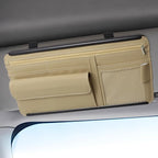 Car Visor Organizer, Leather Multi-Pocket Auto Sun Visor Storage Pouch with Sunglasses Holder, Card Holder, Zipper Pocket, Net Pocket, Pen Slot, Universal Interior Car Accessories (Beige)