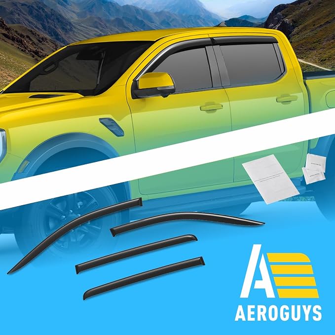 Extra Durable Window Deflectors Tape-On Window Visors Rain Guards Fit for Ford Ranger 2024-2026 SuperCrew, Sun Visors, Wind Vent for Shades, Exterior Car Accessories - 4pcs. AG0745