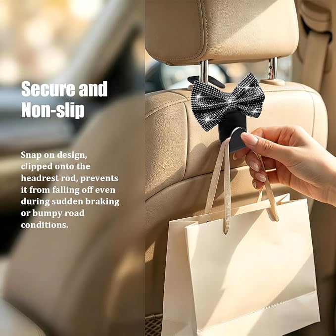 2PCS Bling Bow Car Seat Headrest Hooks, Crystal Rhinestone Vehicle Rear Seat Hanging Storage Hooks for Purses Bags Coats, Auto Headrest Storage Organizer, Universal Fit (Black)