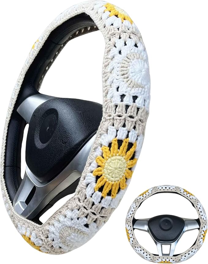 Handmade Crochet White Moon and Sun Car Steering Wheel Covers Universal 14-15 inch for Women and Men (Steer Wheel Cover)