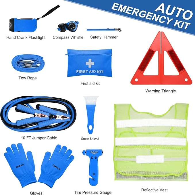 Car Emergency Kit for Teen Boy and Men's Gifts, Blue Emergency Roadside Assistance kit with 10FT Jumper, First Aid Kit, Safety Hammer, Tow Rope, and More Ideal Blue Car Accessories Tool