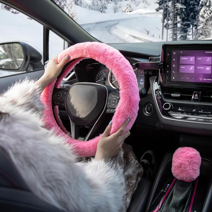 Furry Car Steering Wheel Cover with Fluffy Gear Shift Cover Soft Warm Non-Slip Car Decoration for Women Girls 2 PCS Set, Pink