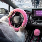 Furry Car Steering Wheel Cover with Fluffy Gear Shift Cover Soft Warm Non-Slip Car Decoration for Women Girls 2 PCS Set, Pink