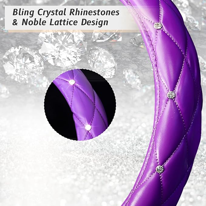 Diamond Soft Leather Steering Wheel Cover with Bling Bling Crystal Rhinestones, Universal 15 inch, Purple