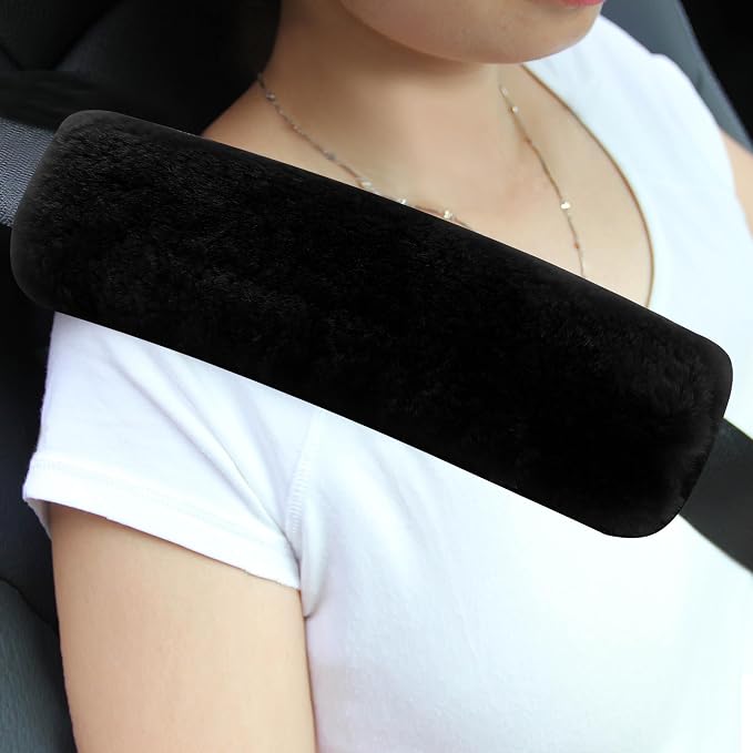 Authentic Sheepskin Seatbelt Cover Real Wool Car Truck SUV Airplane Seat Belt Shoulder Pad for Carmera Backpack Straps Neck Cushion Protector 2 Pack Black