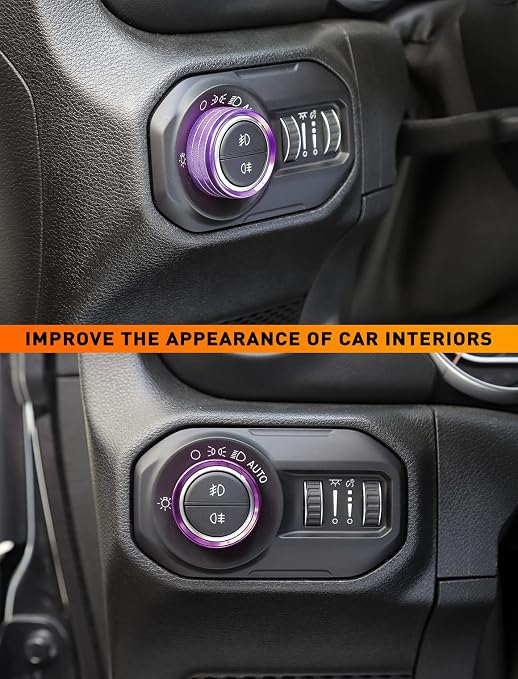 Climate Control Panel Knob Trim Kit & Light Control Switch Cover, Air Conditioner Knob Aluminum Alloy Ring for 2018-2024 Jeep Wrangler JL JLU & Gladiator JT, Interior Accessories, Purple