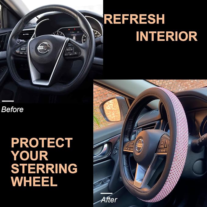 D Shaped Bling Comfy Steering Wheel Cover with Jumbo Crystal Rhinestones, Anti-Slip Diamond Leather, Flat Bottom 14.5-15 Inch (Pink)