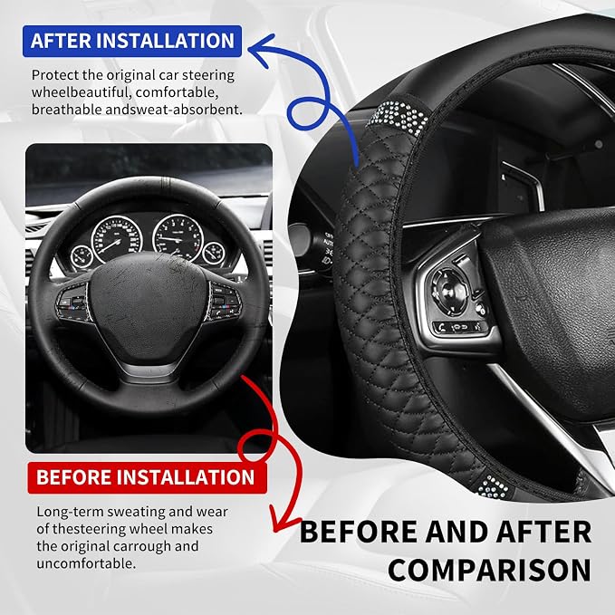 Bling Car Steering Wheel Cover, 15 Inch Rhinestones Soft Leather Elastic Steering Wheel Protector, Sparkly Crystal Diamond for Women, Car Interior Accessories for Most Cars (Black)