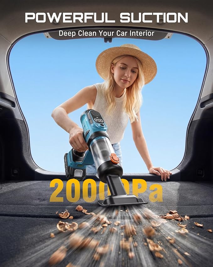 Cordless Tire Inflator Portable Air Compressor, 21V 150PSI Fast Inflation Handheld Air Pump with 20000Pa Vacuum, Dual Rechargeable Battery, Auto Shut Off, Digital Gauge, LED Light for Car, Bike