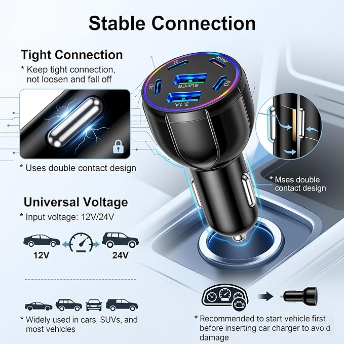 6 Ports 75W Fast Car Charger USB C & USB A,12V/24V Car Charger Adapter Cars Cigarette Lighter Chargers for Super/PD30W/PD/3.1A,12V/24V Cars Port Chargers for Phones,Tablets