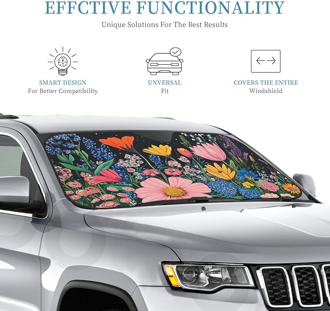 Windshield Sun Shade Wildflower Art Floral Black Car Front Window Sunshade Cover for Truck SUV Blocks UV Rays Automotive Visor Interior Protector 51 x 27.5 inch