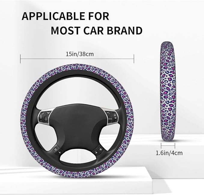 Animal Leopard Print Pink Black Steering Wheel Cover Car Accessories Cute for Women Girls Girly Universal 15 Inch Neoprene Auto Interior Decor Anti Slip Car Truck Protector