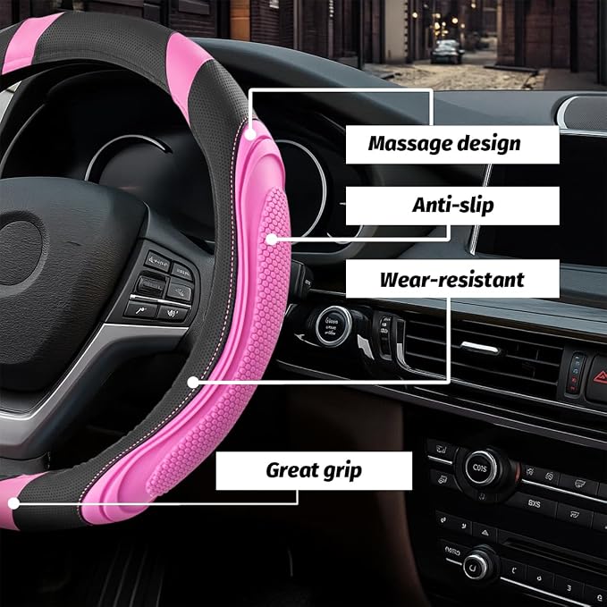 15 Inch Car Leather Steering Wheel Cover, Automotive Accessories Elastic Breathable Anti-Slip Soft Wheel Protector Fits Men and Women, Suitable for SUVs, Trucks, Vehicles and RVs (Pink)