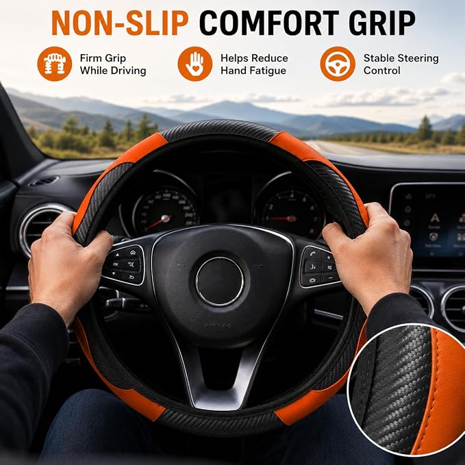 Car Steering Wheel Cover 15 inch, Microfiber PU Leather Elastic Steering Wheel Protector, Anti-Slip Breathable Car Interior Accessories for Most Cars (Orange)
