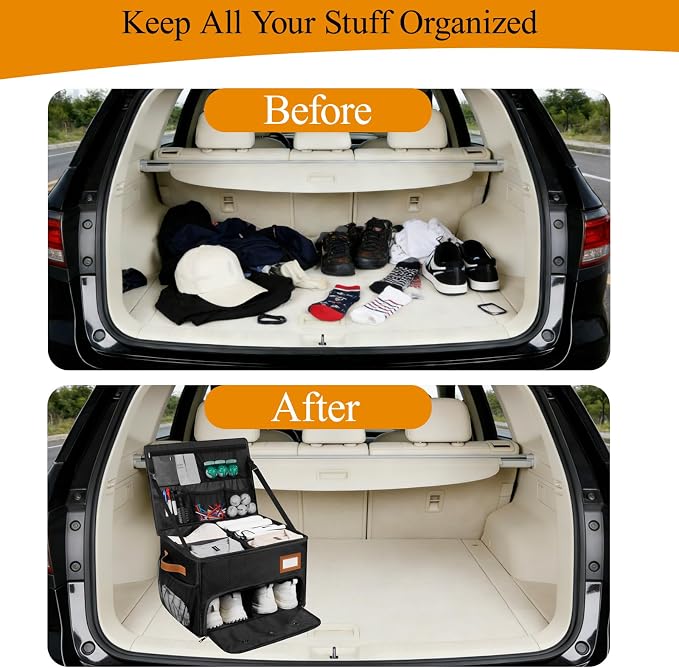 2 Layer Golf Trunk Organizer, Golf Organizer with 2 Pairs Shoes Compartment, Golf Storage Waterproof Car Trunk Locker for Balls, Caps, Clothes, Gloves, Accessories, Gifts for Golfers