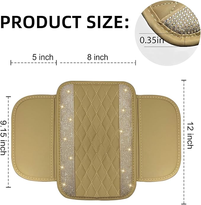 Bling Beige Car Center Console Cover, Leather Car Arm Rest Cover with 2 Storage Bags, Universal Auto Armrest Protector Storage Box, Bling Accessories Interior for Most Vehicles