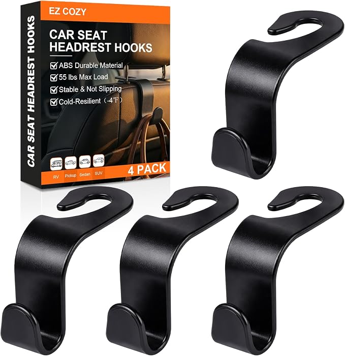 Purse Hook for Car 4 Pack, Deep Anti-Drop Car Seat Hooks for Headrest, Thick ABS Plastic Holds 55 Lbs, Heavy Duty Car Purse Holder & Car Accessories Interior for Handbags, Car Organizer Black