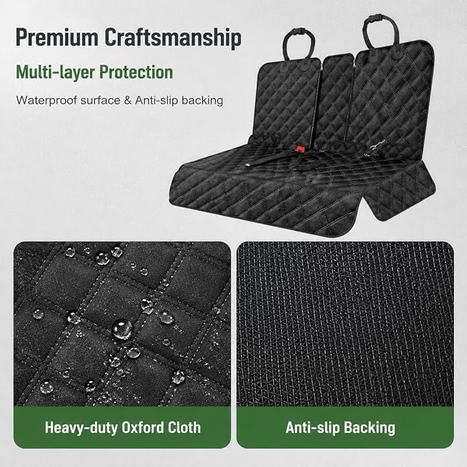 Dog Car Seat Cover for Back Seat, Waterproof 600D Oxford Pet Seat Protector for Cars SUVs Trucks, Heavy Duty Non-Slip Rear Bench Cover, Machine Washable Scratchproof - Black