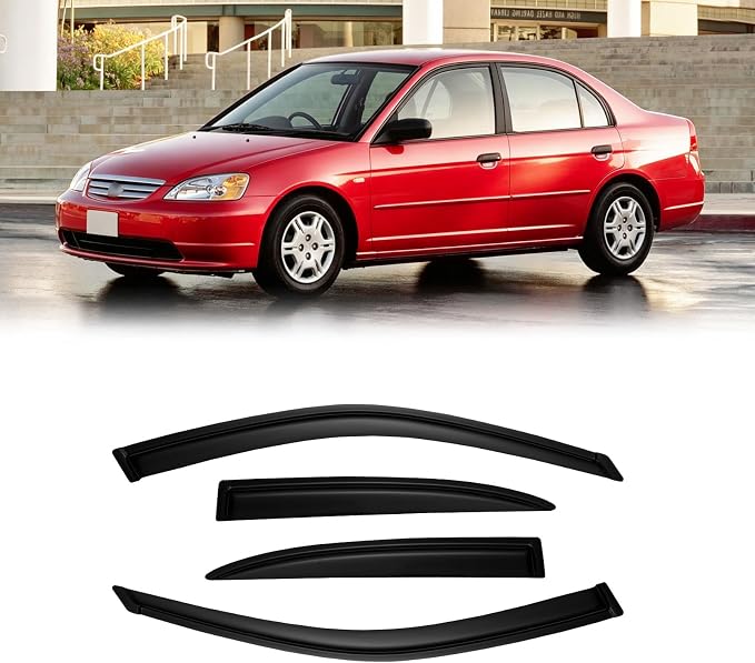 Window Visors for Honda Civic 2001-2005 4-Door Sedan, Outside-Mount Rain Guards Shields Vent Deflector Shade Dark Smoke 01 02 03 04 05, Tape-On, 4PCS