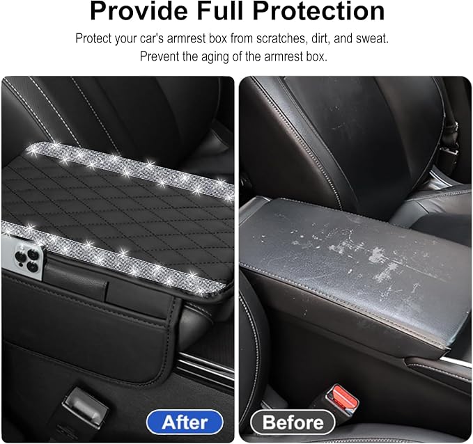 Bling Car Center Console Cover, Leather Car Arm Rest Cover Cushion with 2 Storage Bags, Universal Auto Armrest Protector Storage Box, Bling Accessories Interior for Most Vehicles (Silver)