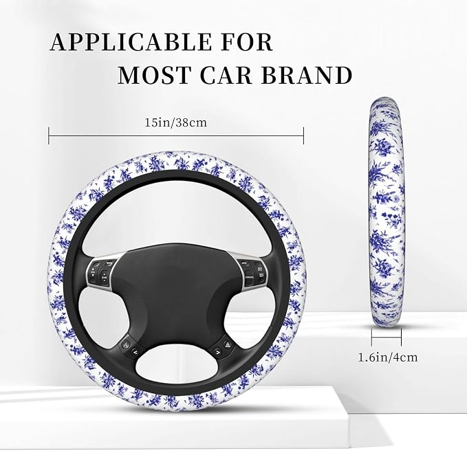 Floral Steering Wheel Cover Car Elastic Steering Wheel Protector | Blue White Anti-Slip Breathable Car Accessories Interior for Women Men Universal 15 Inch Fit Auto SUVs Vans Truck