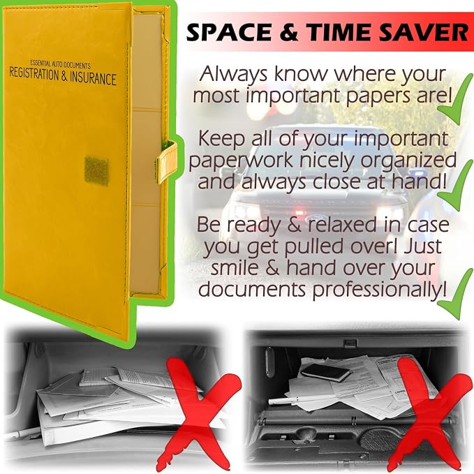 Registration and Insurance Card Holder - Car Organizer - Yellow | Vehicle Glove Box Document Organizer, Auto Essential Paperwork Holder for Contact Information Cards, Interior Car Accessories