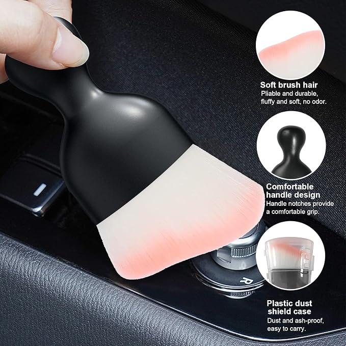 Car Detailing Brush, Curved Soft Bristles Auto Removal Dust Collectors, Universal Vehicle Dashboard, Air Conditioner Vents etc Interior Cleaning Tool Accessory (White/Pink)