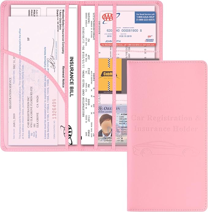 Car Registration and Insurance Holder, Car Accessories Vehicle Glove Box Car Organizer Women Car Accessories with Magnetic Shut for Cards, Essential Document, Driver License, Pink