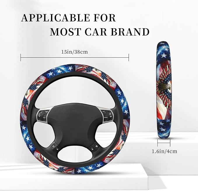 American Flag Neoprene Steering Wheel Cover Anti-Slip Elastic Eagle Pattern Steering Wheel Protector 15in Universal Car Accessories Fit Cars, SUVs, Auto
