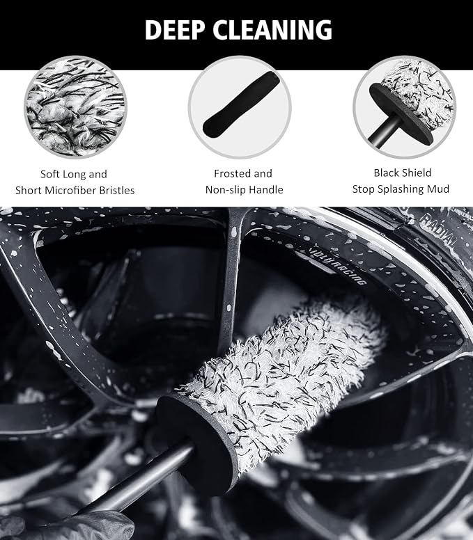 4PCS Car Wheel Cleaning Kit, 360° Bendable Wheel Brush with Premium Boar Hair Detailing Brush | Microfiber Scratch-Free Wheel and Tire Brush Kit for Cleaning Wheels,Tires