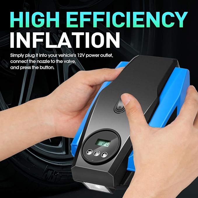 Tire Inflator Portable Air Compressor, 12V DC Air Pump for Car Tires, Bike, Motorcycle, Ball, Electric Bike Tire Pump with Pressure Gauge, LED Light, Auto Shut Off, Blue, TOOLS-00679-BL