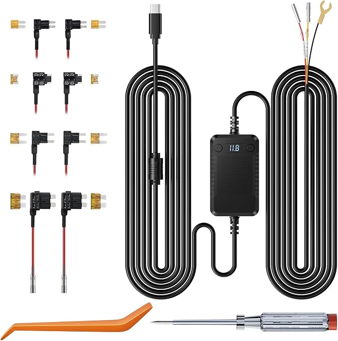 Dashcam Hardwiring Kit, Includes Two Sets of Four Fuse adapters and a USB-C Power Connector, Supporting 24-Hour Parking Monitoring and Low-Voltage Protection