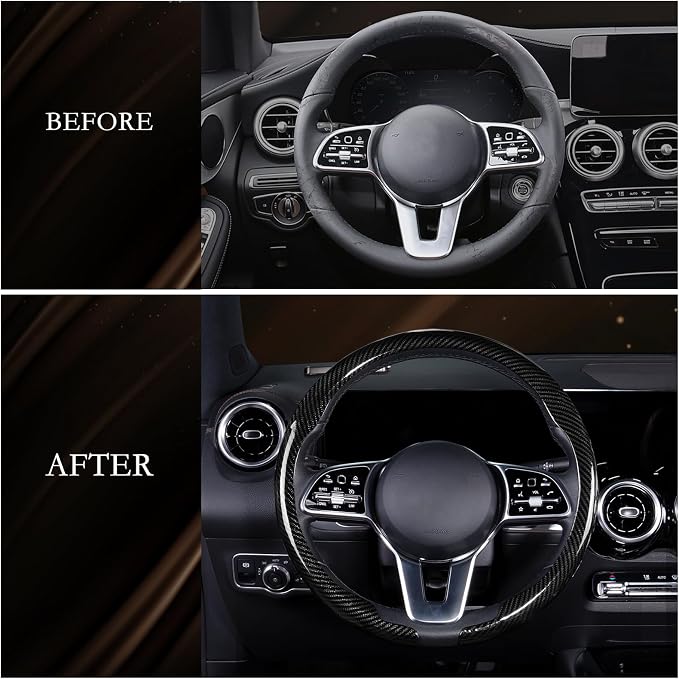 Car Steering Wheel Cover Carbon Fiber, Ultra-Thin Car Steering Wheel Cover,Comfortable & Breathable Microfiber,Universal Fit for Most Cars, Bright Black