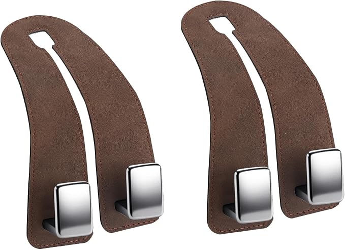 Car Headrest Hooks, Premium Suede with Metal Car Seat Back Storage Hooks for Handbag Coats Umbrella Backpack - 2 Pack, Brown