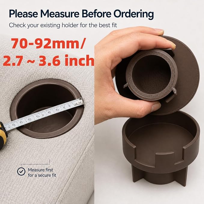 Couch Cup Holder Adapter – Universal Sofa Drink Expander for Large Mugs, Tumblers & Bottles – Spill-Proof Recliner Caddy for Living Room, RV & Boat (Brown, Base 70-92MM(2.75-3.62IN))