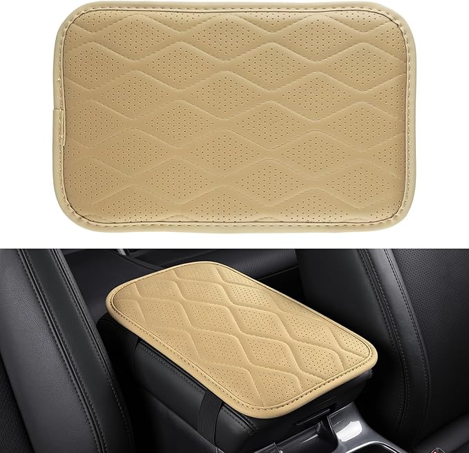 Car Center Console Cover, Leather Car Armrest Cushion, Universal Waterproof Cushion Pad, Non-Slip Car Interior Accessories, Fits Most Sedans SUVs Trucks (Light Beige)