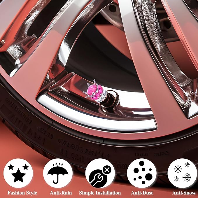 4PCS Crown Bling Tire Stem Valve Caps, Crystal Diamond Car Wheel Tire Valve Caps Universal Copper Core Stem Covers for Cars, SUV, Trucks, Bikes, Motorcycles, Bicycles (Silver & Rose Red)