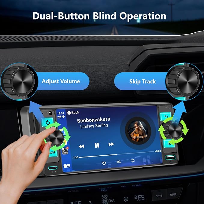 Single Din Car Stereo – Dual Knob Touchscreen Radio with Wireless Apple CarPlay & Android Auto Upgrade Your Classic Car with Easy Installation, Backup Camera Ready, Bluetooth, GPS, FM/AM, USB, EQ