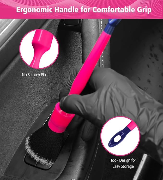 6PCS Car Detailing Brush Set, 3pcs Boars Hair Detailing Brushes, 3pcs Ultra Soft Detail Brush for Leather Seat Air Vents Engine Bay, Detail Brushes Car Detailing for Interior Exterior, Pink