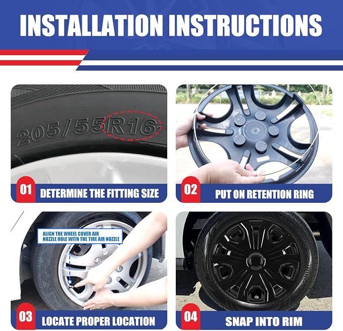 4Pcs 16 2014-2023 Wheel Hubcaps Wheel Cover Fits for Ford Transit | Connect Steel PP Material Snap-On Installation inch Car ReplacementBlack Lacquer