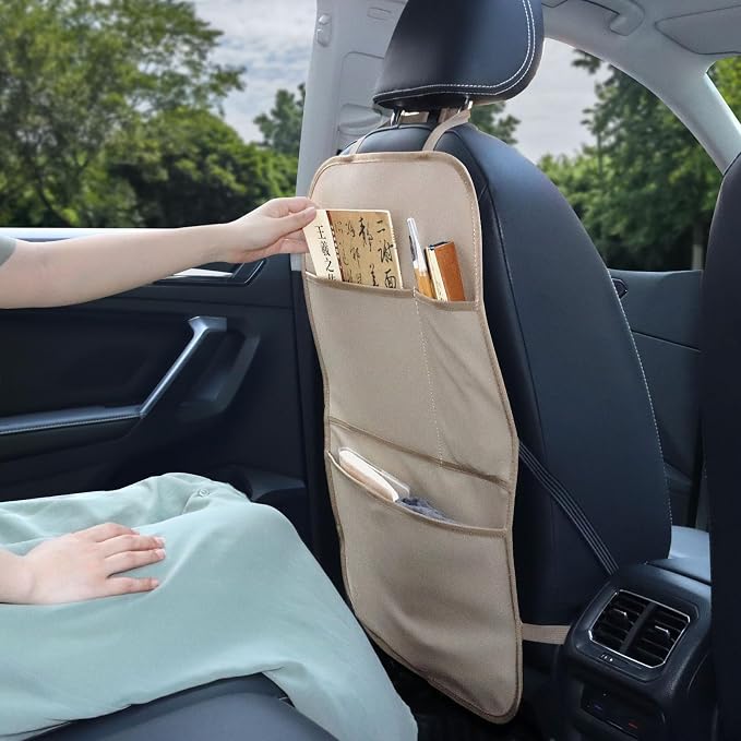 Kick Mat Back Seat Protector Waterproof Leather Car Seat Back Organizers Cover with 3 Storage Pockets for Kids Pets SUV Sedan Minivan Truck Car Travel Accessories (Beige 2-Pack)