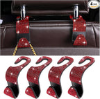 Zpana 4PCS Bling Car Seat Headrest Hooks, Vehicle Back Seat Purse Handbag Hanging Holder with Crystal Rhinestone, Diamond Storage Organizer Hook, Universal Automotive Accessories (Black/Red)