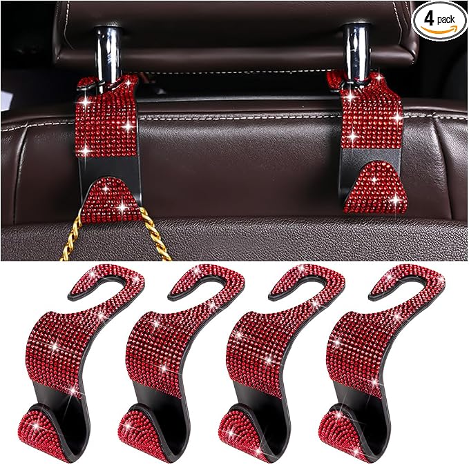 Zpana 4PCS Bling Car Seat Headrest Hooks, Vehicle Back Seat Purse Handbag Hanging Holder with Crystal Rhinestone, Diamond Storage Organizer Hook, Universal Automotive Accessories (Black/Red)